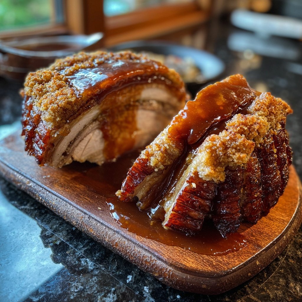 Schweinekrustenbraten mit Biersauce und Semmelknödeln​