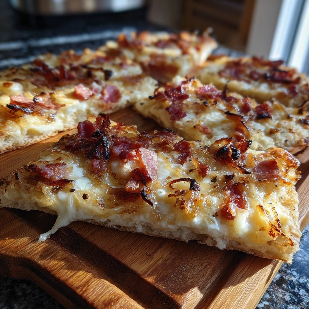 Flammkuchen-Raclette mit Speck, Zwiebeln und Crème fraîche​