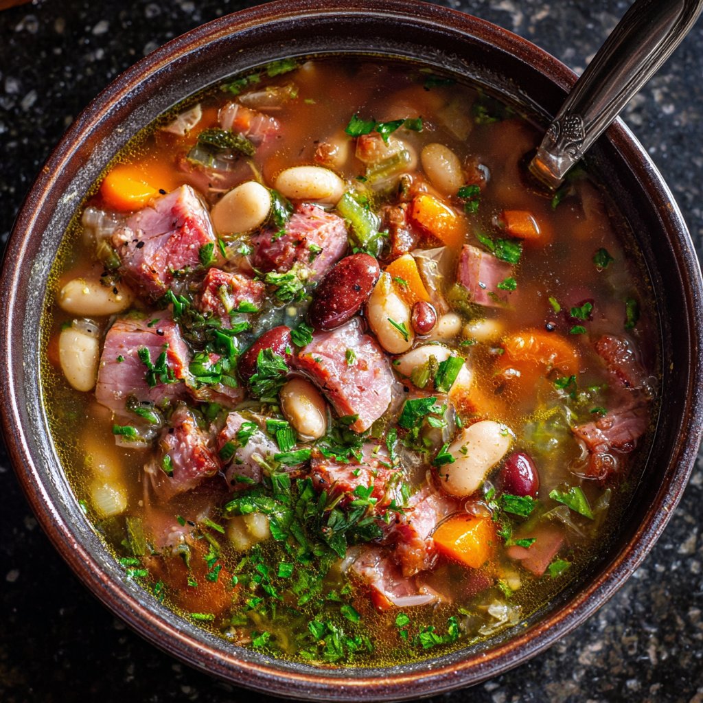 Schinken-Bohnen-Suppe mit pikanter Brühe