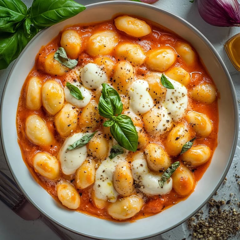 Gnocchi Pfanne mit Tomate, Mozzarella und Basilikum