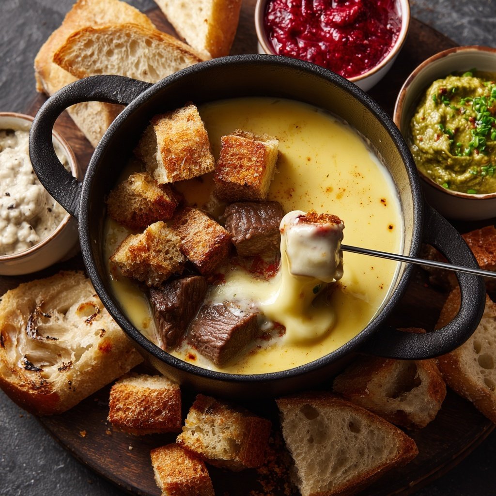 Weihnachtsfondue mit Rind, Geflügel und drei Dips​