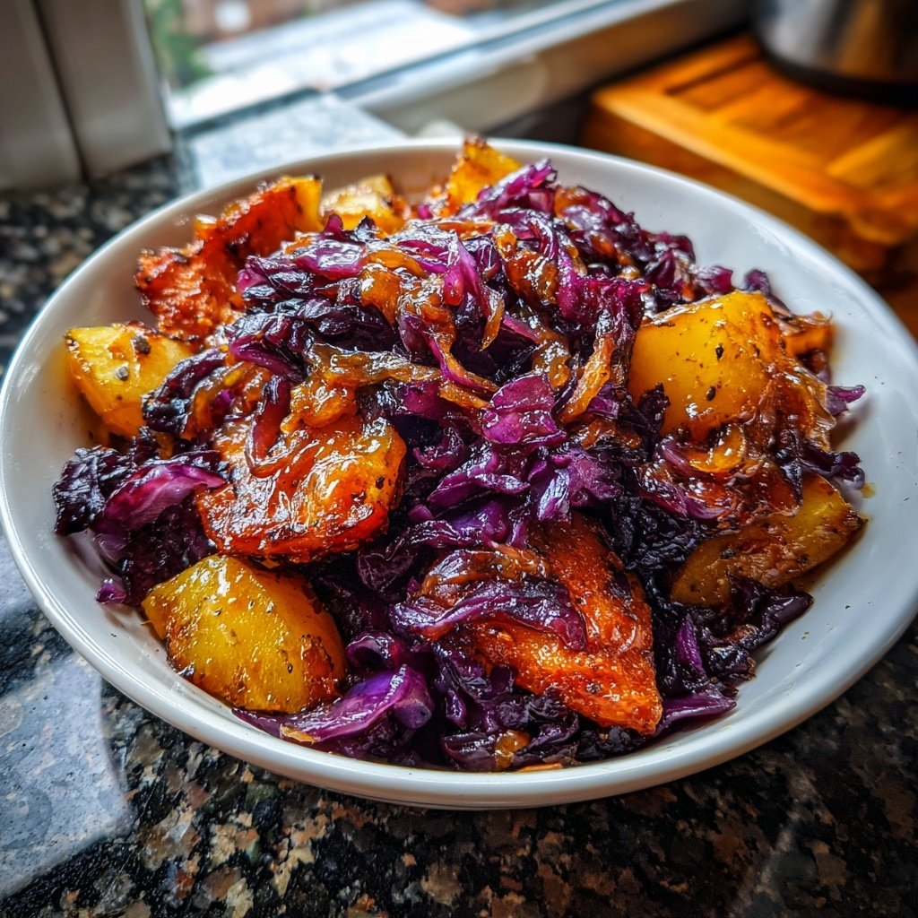 Rotkohl, Spekulatius-Soße und karamellisierte Kartoffeln