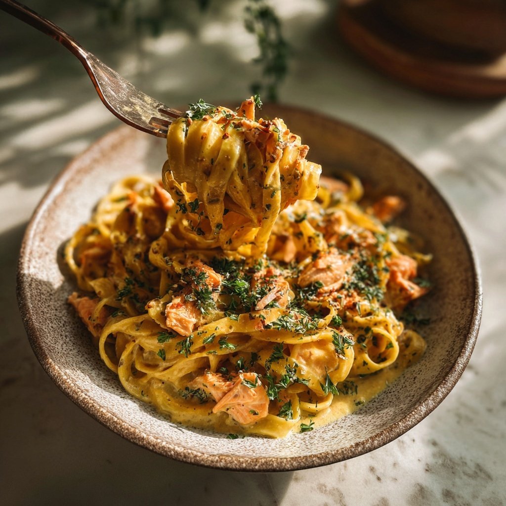 Saffron Cream Salmon Pasta